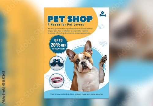 Editable Pet Shop Promotion Flyer Template – Bright Dog Product Sale Poster with Blue and Yellow Design