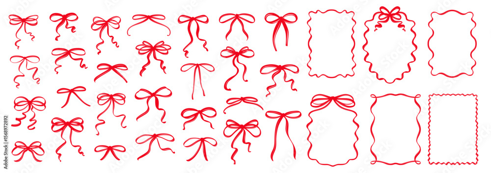 Naklejka premium Whimsical coquette style set with red ribbon bows, wavy frames, hand-drawn borders and vintage doodles