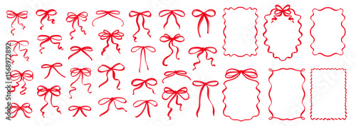 Whimsical coquette style set with red ribbon bows, wavy frames, hand-drawn borders and vintage doodles