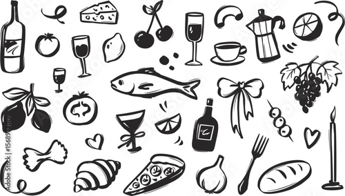 Whimsical Italian Food Doodle with Vintage Summer Vibe. Pasta on a Plate, Wine Bottle and Pizza Slices