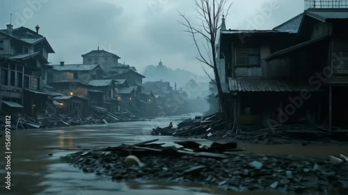 A devastating flood has submerged the entire city, destroying homes, roads, and infrastructure. Streets are underwater, buildings are crumbling, and residents are displaced