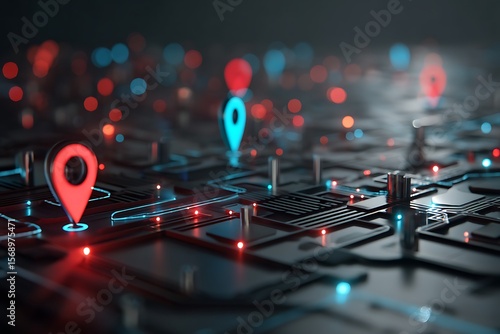 Futuristic Cityscape with Glowing Location Markers and Circuit Board Design