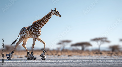 A photo-realistic image of a giraffe roller skating in the African savannah.