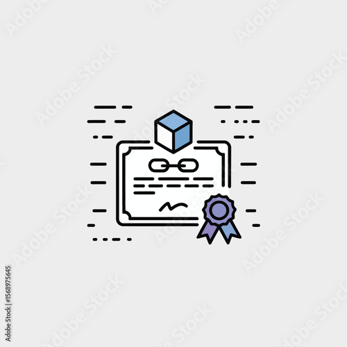 Minimalist Vector Icon Illustration of a Certificate with a 3 D Cube Chain Link and Purple Ribbon Award Badge on Light Gray Background Featuring Thin Black Outlines and Soft Blue Purple