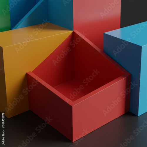 3D render of a green cardboard box with an open red cover, isolated