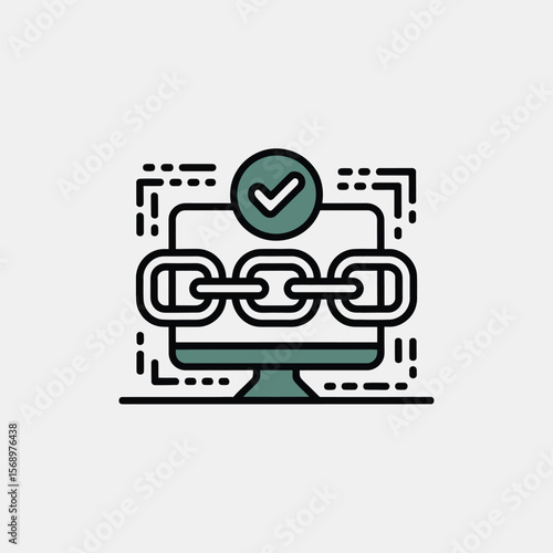 Minimalist Vector Icon Illustration of a Computer Screen Displaying a Chain Link Indicating Secure Connection or Data Integrity with a Green Checkmark Symbol Above a Grey Background
