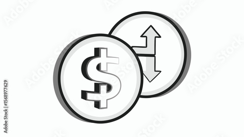 Two coins representing currency exchange with dollar sign and up down arrows design element