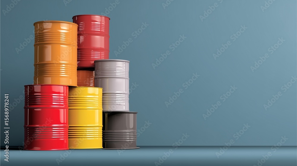 Energy Commodity: Colorful oil barrels stacked against a muted blue backdrop symbolize the global energy market and the complexities of commodity trading. Energy Commodity: Colorful oil barrels stacked against a muted blue backdrop symbolize the global energy market and the complexities of commodity trading.