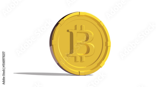 A single gold bitcoin coin standing upright casting a shadow on a plain white surface in a simple style