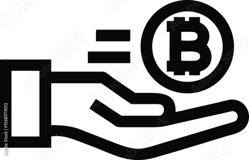 Bitcoin currency symbol on a hand with equal sign representing digital payment and financial transaction