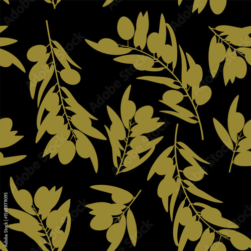 Green black olive tree branches seamless pattern