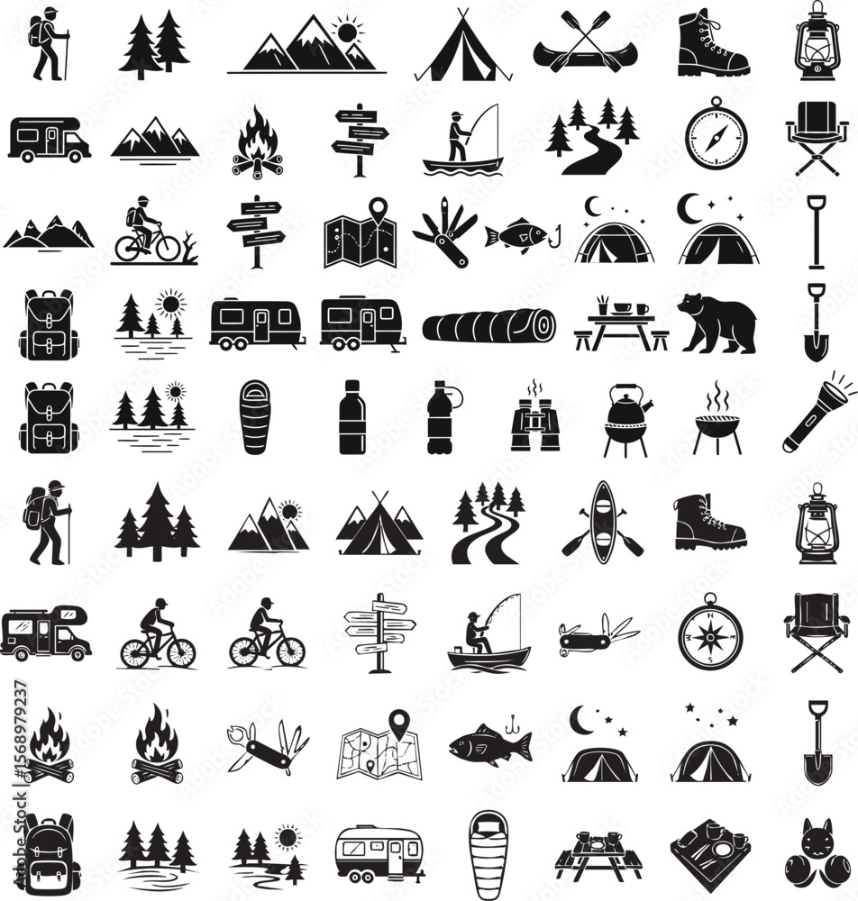 Naklejka premium Collection of camping and outdoor recreation icons in silhouette style, including hiking, fishing, tents, and related equipment.