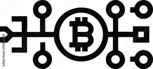 Bitcoin network represented by a central bitcoin symbol connected to other nodes in black and white