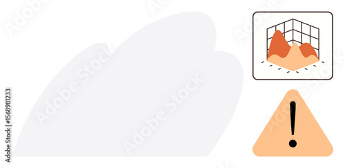 3D chart with peaks in grid and caution symbol brings analytical insights, identifying risks and alerts. Ideal for business analysis, risk management, data science, warnings, projections