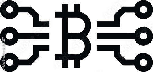 Black bitcoin symbol with circuit board connections on a white background in a simple graphic design