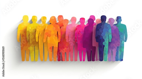 Abstract colorful group of people standing together, polygons fill each figure
