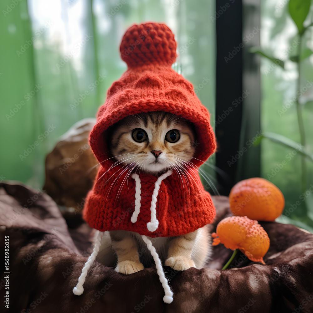 Obraz premium Kitten in Knitted Mushroom Costume – Stylized Close-Up