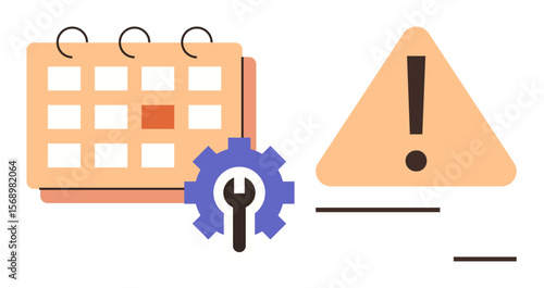 Calendar with highlighted date, gear with wrench, and warning sign indicating task management, maintenance planning, error notifications, and prioritization. Ideal for organization, scheduling