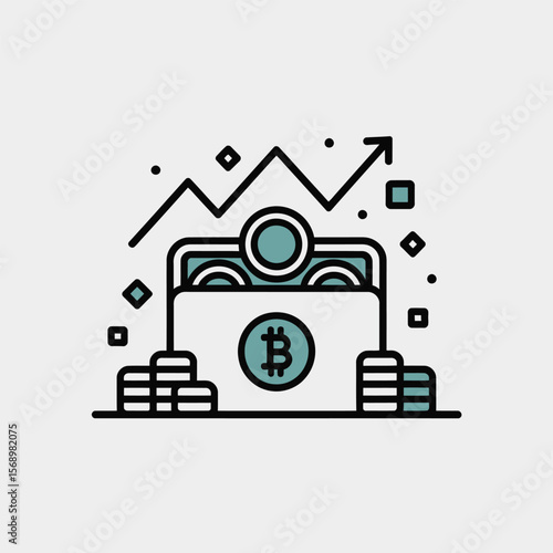 Minimalist vector illustration depicting a digital wallet overflowing with Bitcoin cryptocurrency coins accompanied by an upward trending graph suggesting growth and financial success stacks