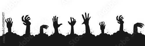 Zombie hand border, monster hand halloween silhouette rising arms. Black scary background with grave ground and creepy shadows. 