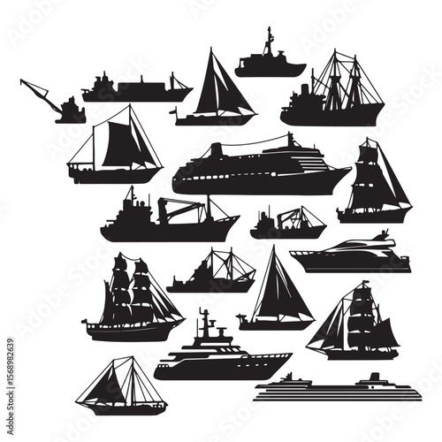 Various sailing ships cargo vessels and yachts in silhouette cargo ships boats