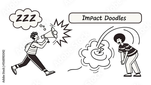 Loud Awakening A Doodle Illustration of a Man Shouting into a Megaphone to Awaken Another.