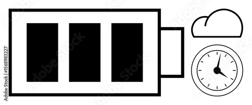 Battery outline with bars signifying charge, cloud for storage or sustainability, clock for timing. Ideal for energy, technology, sustainability, productivity, time management, renewable energy
