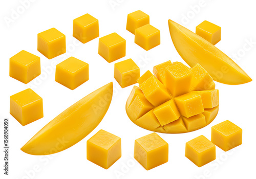 Cubed and Sliced Mango A Vibrant Display of Tropical Fruit isolated on transparent background