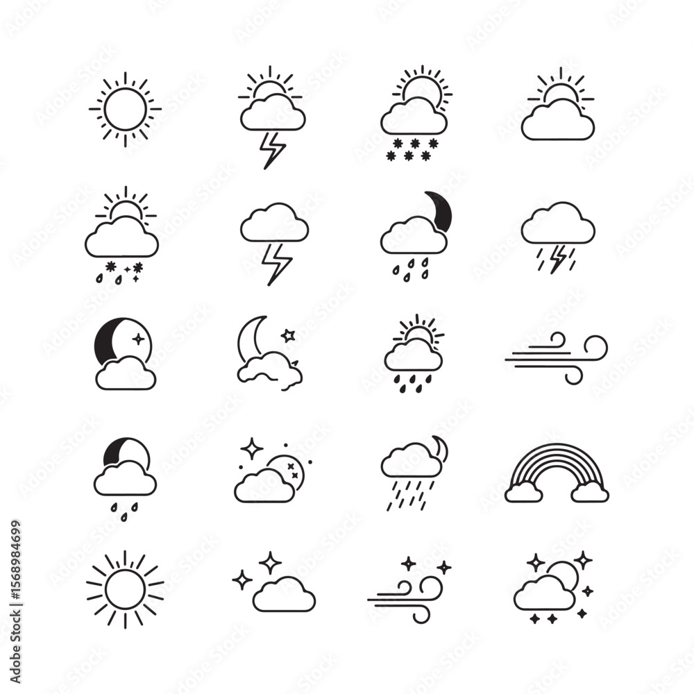 Weather icons sun clouds rain snow lightning wind moon stars rainbow vector Weather icons sun clouds rain snow lightning wind moon stars rainbow vector