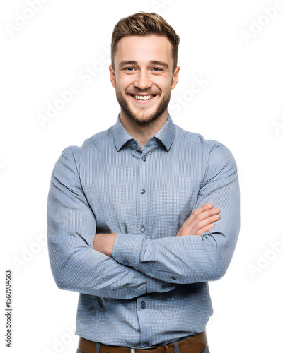 Portrait of a young smiling male administrator or business professional posing confidently with a bright positive expression in a studio setting