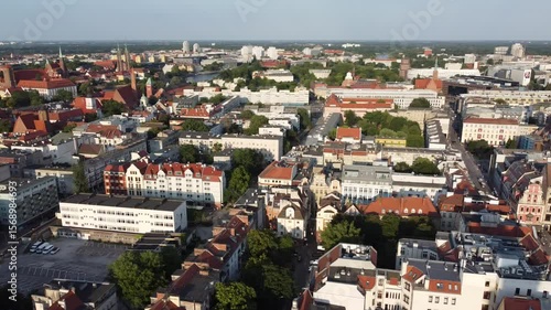 Wroclaw city, Poland. General cityscape with traditional tenement houses, churches, hotels and university building.