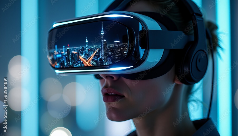 High Quality VR Headset Showcasing Sharp Reflection of Cityscape and Soft Glowing Internal Lights High Quality VR Headset Showcasing Sharp Reflection of Cityscape and Soft Glowing Internal Lights