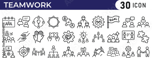 Teamwork thin line icon set. Included Teamwork, Community, People, Business, Cooperation, Partnership, Organization, Leadership, Human Resources.