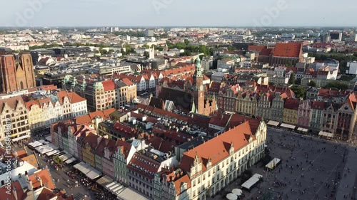 Wroclaw city, Poland. General cityscape with town hall, market square and traditional tenement houses.