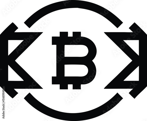 Black bitcoin symbol with arrows pointing inward inside of a partial circle on a white background