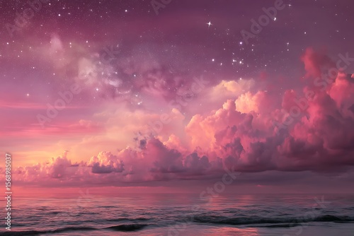 Serene Pink Sunset over Calm Ocean with Starry Night Sky