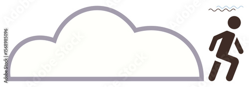 Figure running away from a large cloud representing stress, fear, or mental overwhelm with wavy lines denoting distress. Ideal for stress, anxiety, fear, mental health, escape, overwhelm simple flat