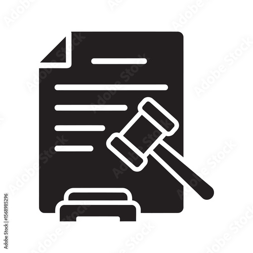 Legal document icon with a judge gavel representing a court order judgement law ruling or an official verdict on a legal contract agreement vector solid glyph