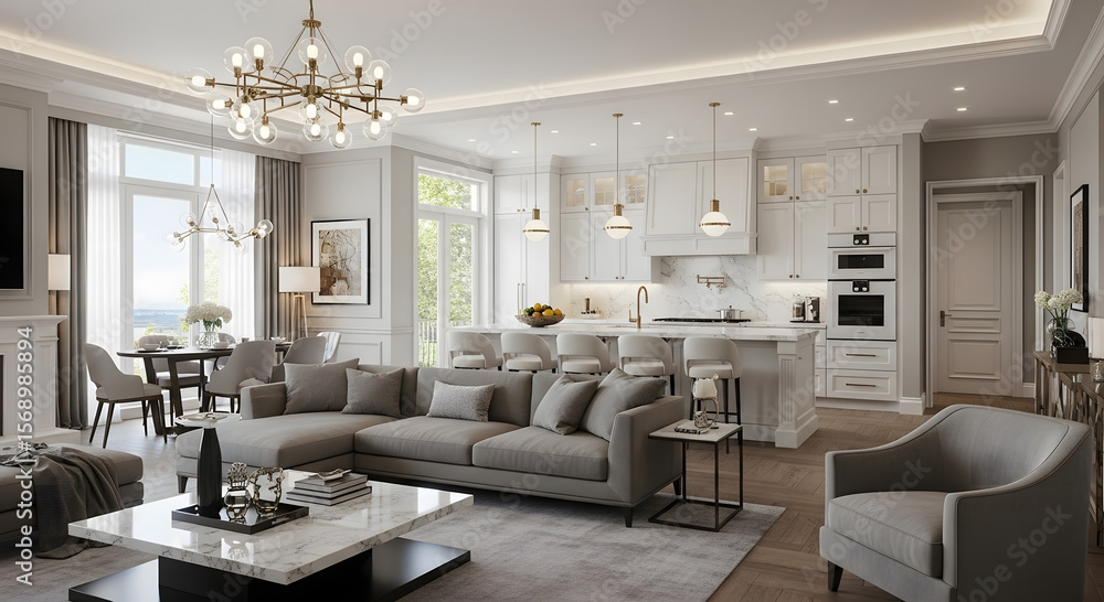 Fototapeta premium Elegant Open Concept Living Space Combining Kitchen, Dining, and Lounge Areas with Harmonious Design Elements and Natural Light