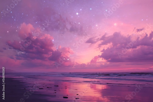 Serene Pink Sunset over Ocean Beach with Starry Sky