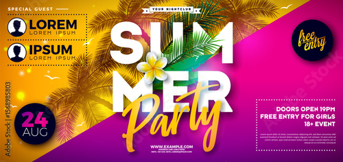 Summer Beach Party Banner Design with Flower and Tropical Palm Leaves on Abstract Yellow and Pink Background. Vector Summer Holiday Illustration with Typography Lettering for Banner, Flyer, Invitation