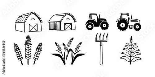 Collection of 40 black and white agriculture icons featuring crops and tools