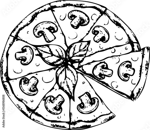 Whole mushroom pizza with fresh basil and sliced pieces on a white background

