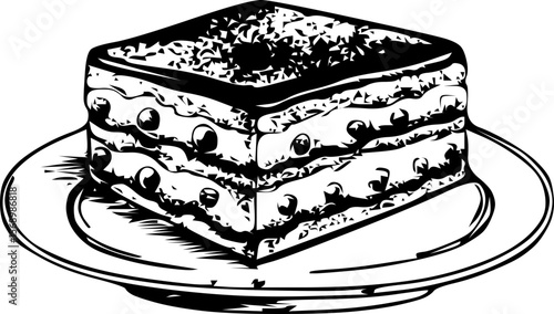 Slice of tiramisu dessert on a plate with cocoa powder on a white background
