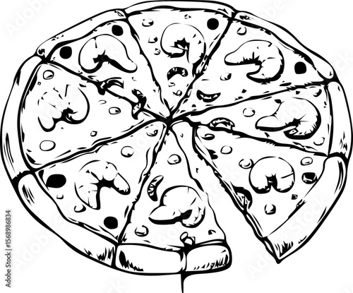 Whole seafood pizza with shrimp and olives on a white background