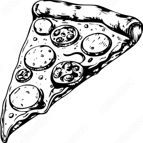 Slice of meat lovers pizza with pepperoni and sausage on a white background