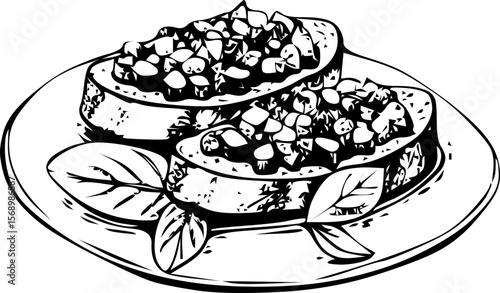 Plate of bruschetta topped with diced tomatoes and basil on a white background