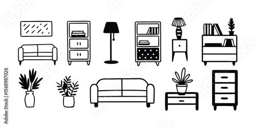 Modern black and white interior design icon set featuring various sofas