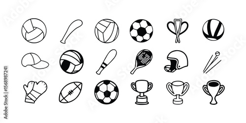 Collection of 35 classic sports icons featuring footballs and bats
