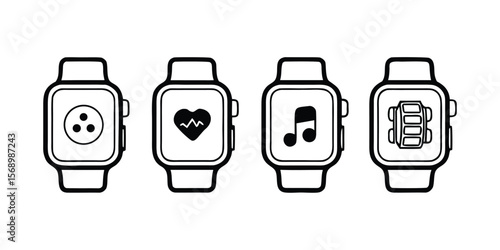 Modern black and white smartwatch and wearable technology icons for digital interfaces